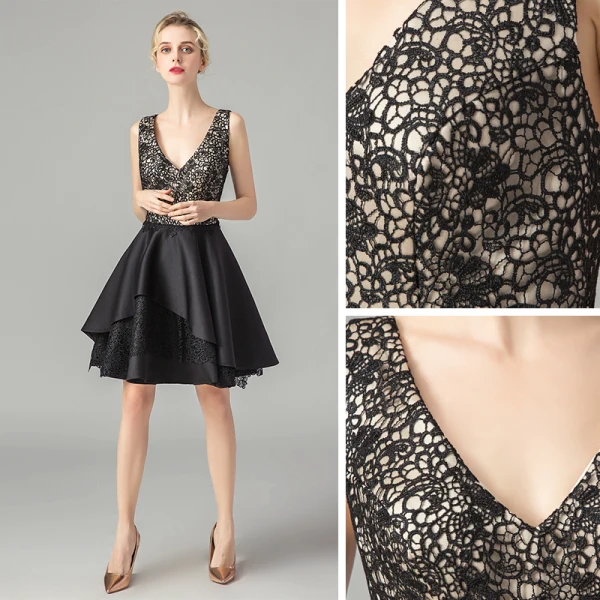 Fashion Black Lace Party Dresses 2021 A-Line / Princess Deep V-Neck Sleeveless Short Ruffle Backless Formal Dresses