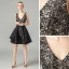 Fashion Black Lace Party Dresses 2021 A-Line / Princess Deep V-Neck Sleeveless Short Ruffle Backless Formal Dresses