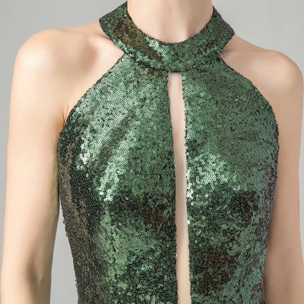 Sparkly Green Sequins Party Dresses 2021 Halter Sleeveless Short Backless  Formal Dresses