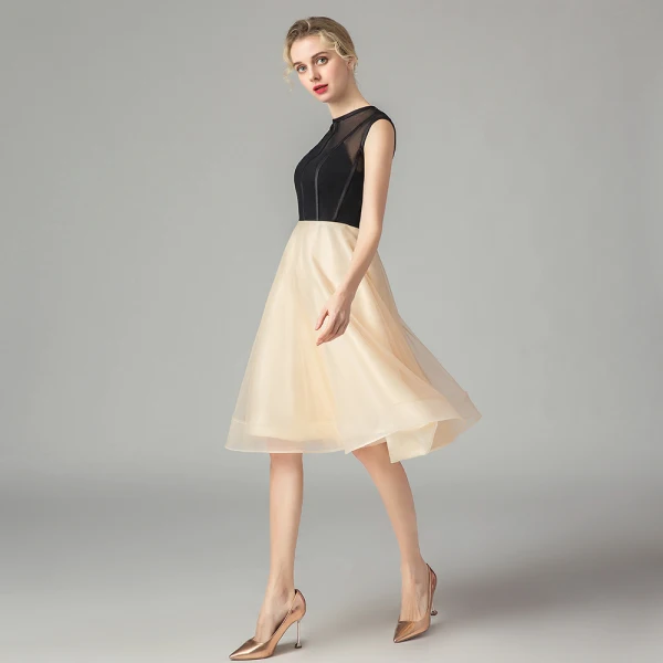 Two Tone Black Champagne See-through Homecoming Graduation Dresses 2021 A-Line / Princess Scoop Neck Sleeveless Knee-Length Ruffle Formal Dresses