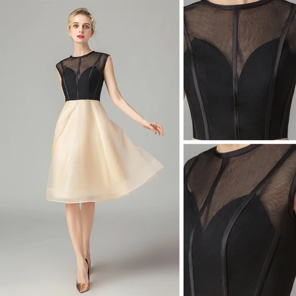 Two Tone Black Champagne See-through Homecoming Graduation Dresses 2021 A-Line / Princess Scoop Neck Sleeveless Knee-Length Ruffle Formal Dresses