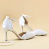 Chic / Beautiful 2017 8 cm / 3 inch White Casual Church Outdoor / Garden Lace PU Pearl Rhinestone High Heels Stiletto Heels Pumps Womens Sandals