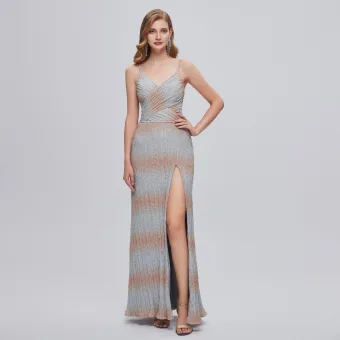 Sexy Gris Glitter Fendue Devant Robe De Soirée 2023 Trompette Sirène Bretelles Spaghetti Sans Manches Dos Nu Longue Soirée Robe De Ceremonie