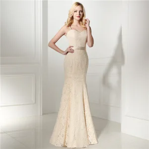 Chic Belle Champagne Dentelle Robe De Soirée 2020 Trompette Sirène Bretelles Spaghetti Sans Manches Paillettes Noeud Ceinture Longue Volants Dos Nu Robe De Ceremonie