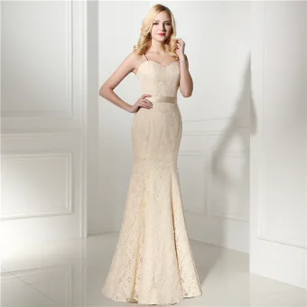 Chic Belle Champagne Dentelle Robe De Soirée 2020 Trompette Sirène Bretelles Spaghetti Sans Manches Paillettes Noeud Ceinture Longue Volants Dos Nu Robe De Ceremonie