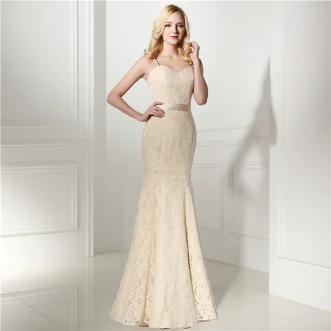 Hermoso Champán De Encaje Vestidos de noche 2020 Trumpet / Mermaid Spaghetti Straps Sin Mangas Lentejuelas Bowknot Cinturón Largos Ruffle Sin Espalda Vestidos Formales