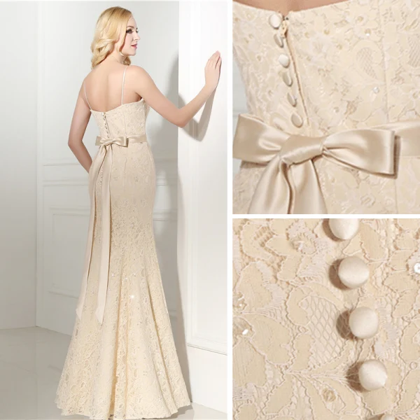Chic / Belle Champagne Dentelle Robe De Soirée 2020 Trompette / Sirène Bretelles Spaghetti Sans Manches Paillettes Noeud Ceinture Longue Volants Dos Nu Robe De Ceremonie