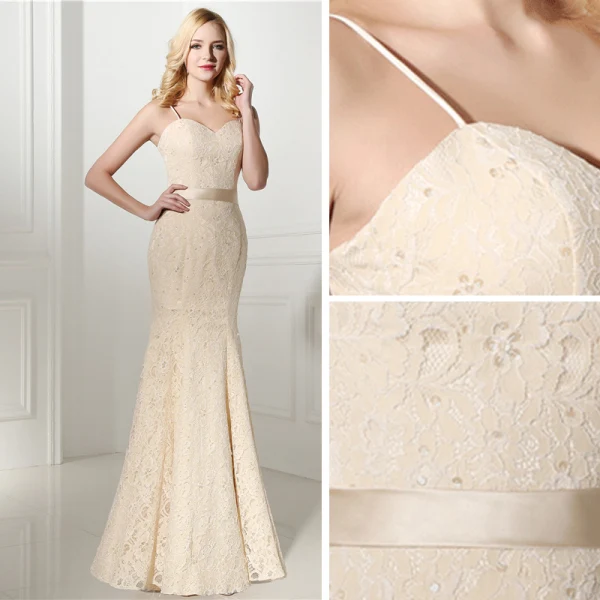 Chic / Belle Champagne Dentelle Robe De Soirée 2020 Trompette / Sirène Bretelles Spaghetti Sans Manches Paillettes Noeud Ceinture Longue Volants Dos Nu Robe De Ceremonie