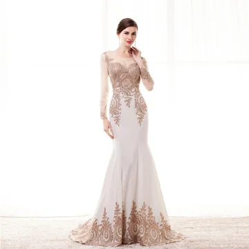 Elegant Champagne See Through Evening Dresses 2020 Trumpet Mermaid Scoop Neck Long Sleeve Beading Appliques Lace Sweep Train Ruffle Formal Dresses