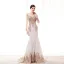 Élégant Champagne Transparentes Robe De Soirée 2020 Trompette / Sirène Encolure Dégagée Manches Longues Perlage Appliques En Dentelle Train De Balayage Volants Robe De Ceremonie