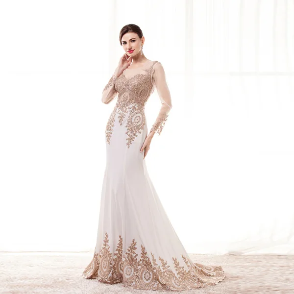Élégant Champagne Transparentes Robe De Soirée 2020 Trompette / Sirène Encolure Dégagée Manches Longues Perlage Appliques En Dentelle Train De Balayage Volants Robe De Ceremonie
