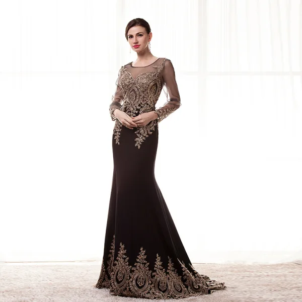 Élégant Champagne Transparentes Robe De Soirée 2020 Trompette / Sirène Encolure Dégagée Manches Longues Perlage Appliques En Dentelle Train De Balayage Volants Robe De Ceremonie