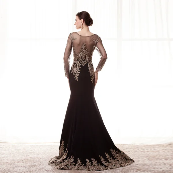 Élégant Champagne Transparentes Robe De Soirée 2020 Trompette / Sirène Encolure Dégagée Manches Longues Perlage Appliques En Dentelle Train De Balayage Volants Robe De Ceremonie