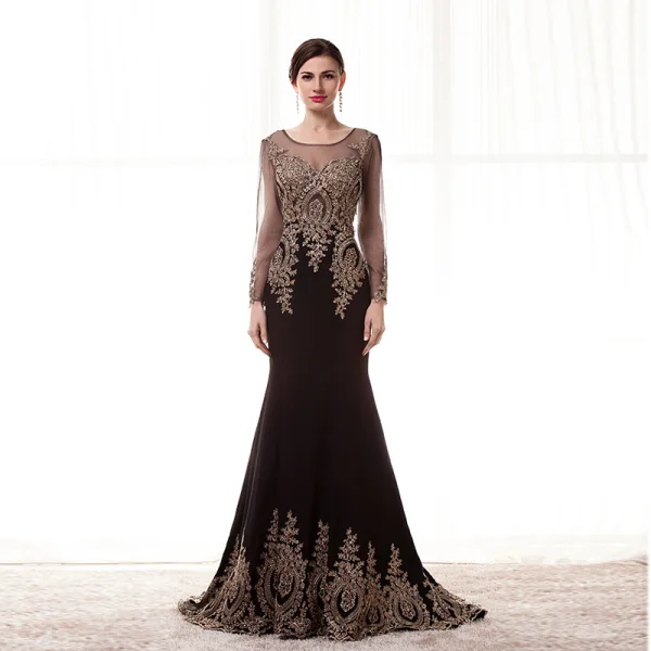 Élégant Champagne Transparentes Robe De Soirée 2020 Trompette / Sirène Encolure Dégagée Manches Longues Perlage Appliques En Dentelle Train De Balayage Volants Robe De Ceremonie