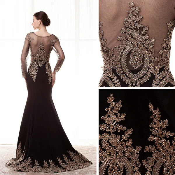Élégant Champagne Transparentes Robe De Soirée 2020 Trompette / Sirène Encolure Dégagée Manches Longues Perlage Appliques En Dentelle Train De Balayage Volants Robe De Ceremonie