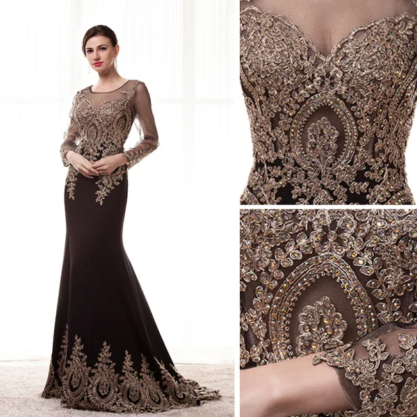 Élégant Champagne Transparentes Robe De Soirée 2020 Trompette / Sirène Encolure Dégagée Manches Longues Perlage Appliques En Dentelle Train De Balayage Volants Robe De Ceremonie