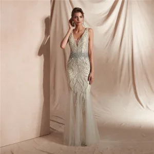 High End Champagne Evening Dresses 2020 Trumpet Mermaid Deep V Neck Sleeveless Sequins Beading Floor Length Long Ruffle Backless Formal Dresses