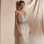 Haut de Gamme Champagne Robe De Soirée 2020 Trompette / Sirène Col v profond Sans Manches Paillettes Perlage Longue Volants Dos Nu Robe De Ceremonie