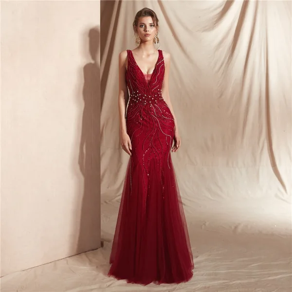 Haut de Gamme Champagne Robe De Soirée 2020 Trompette / Sirène Col v profond Sans Manches Paillettes Perlage Longue Volants Dos Nu Robe De Ceremonie