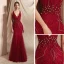 Haut de Gamme Champagne Robe De Soirée 2020 Trompette / Sirène Col v profond Sans Manches Paillettes Perlage Longue Volants Dos Nu Robe De Ceremonie