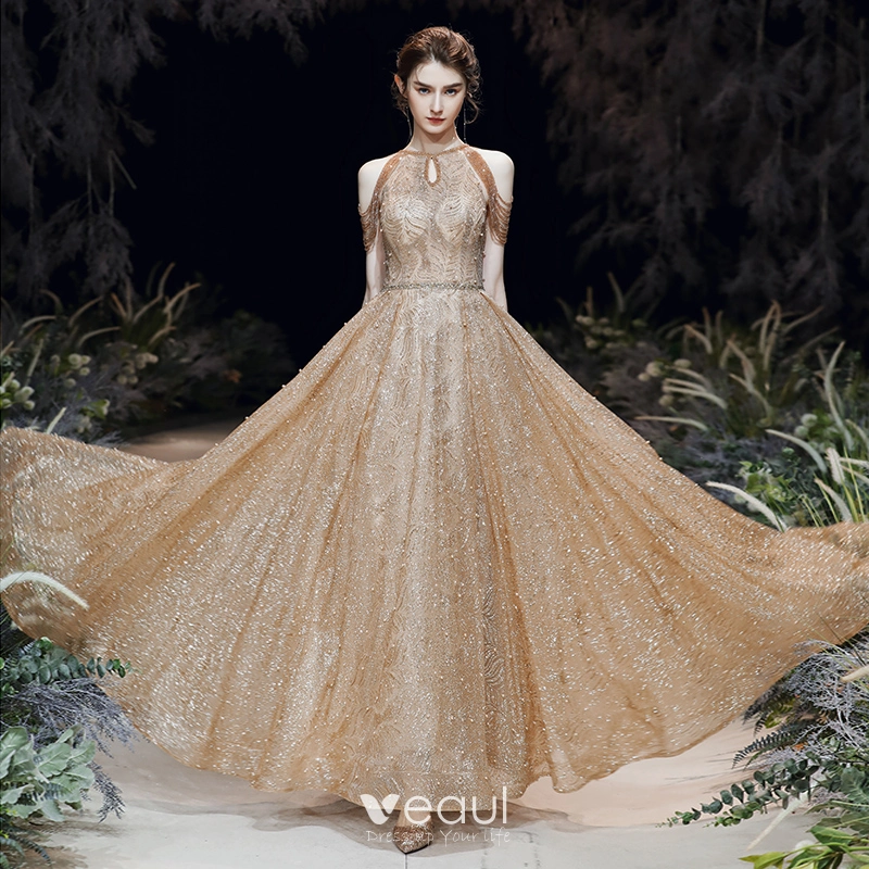 Brillante Oro Vestidos de noche 2020 A Line Princess Scoop Escote Sin Mangas Rebordear Glitter Tul Cinturon Largos Ruffle Sin Espalda Vestidos Formales