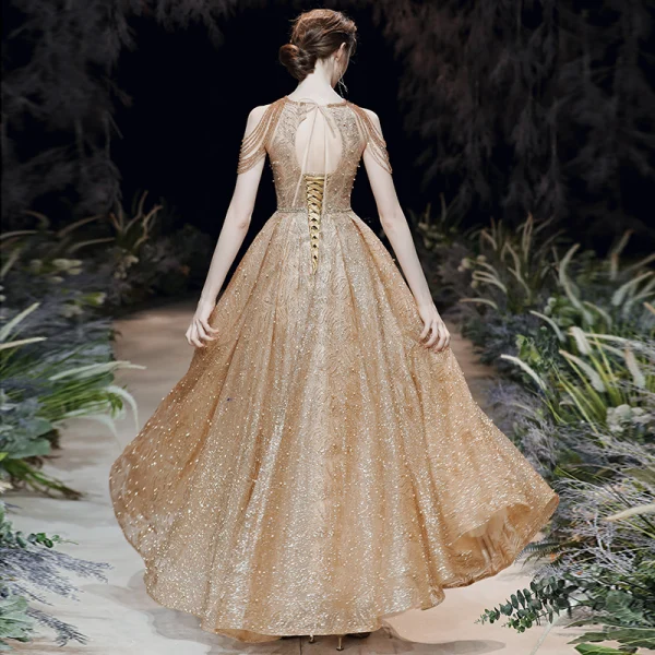Sparkly Gold Evening Dresses  2020 A-Line / Princess Scoop Neck Sleeveless Beading Glitter Tulle Sash Floor-Length / Long Ruffle Backless Formal Dresses