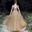 Sparkly Gold Evening Dresses  2020 A-Line / Princess Scoop Neck Sleeveless Beading Glitter Tulle Sash Floor-Length / Long Ruffle Backless Formal Dresses