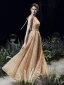 Sparkly Gold Evening Dresses  2020 A-Line / Princess Scoop Neck Sleeveless Beading Glitter Tulle Sash Floor-Length / Long Ruffle Backless Formal Dresses