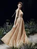 Sparkly Gold Evening Dresses  2020 A-Line / Princess Scoop Neck Sleeveless Beading Glitter Tulle Sash Floor-Length / Long Ruffle Backless Formal Dresses