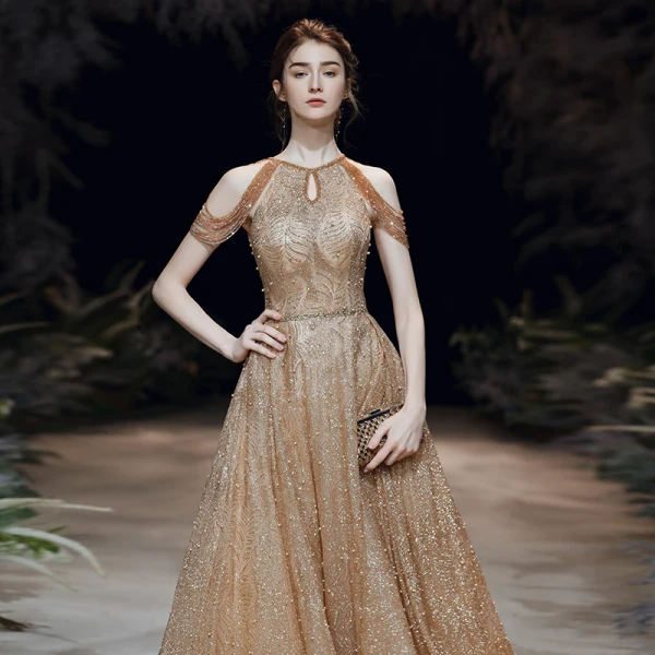 Sparkly Gold Evening Dresses  2020 A-Line / Princess Scoop Neck Sleeveless Beading Glitter Tulle Sash Floor-Length / Long Ruffle Backless Formal Dresses