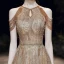Sparkly Gold Evening Dresses  2020 A-Line / Princess Scoop Neck Sleeveless Beading Glitter Tulle Sash Floor-Length / Long Ruffle Backless Formal Dresses