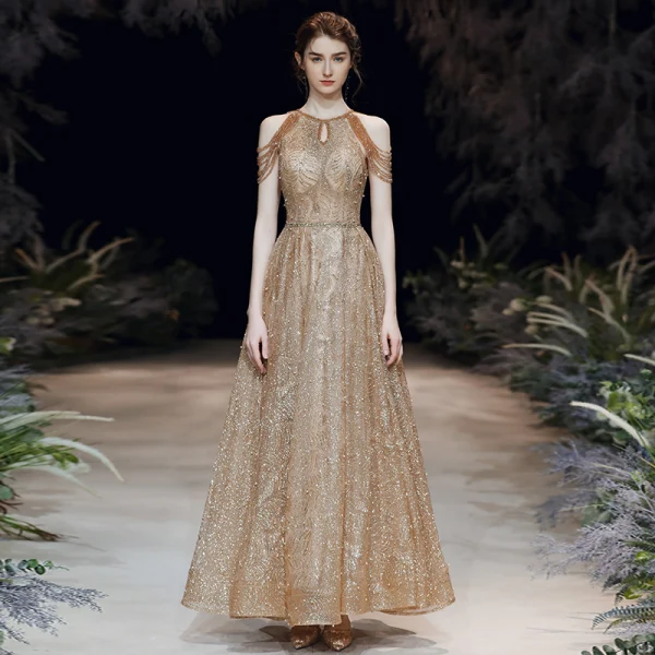 Sparkly Gold Evening Dresses  2020 A-Line / Princess Scoop Neck Sleeveless Beading Glitter Tulle Sash Floor-Length / Long Ruffle Backless Formal Dresses