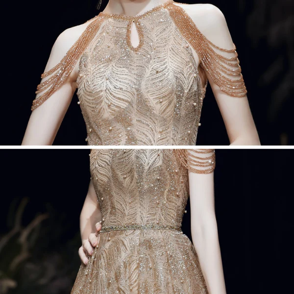Sparkly Gold Evening Dresses  2020 A-Line / Princess Scoop Neck Sleeveless Beading Glitter Tulle Sash Floor-Length / Long Ruffle Backless Formal Dresses