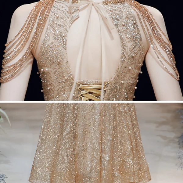 Sparkly Gold Evening Dresses  2020 A-Line / Princess Scoop Neck Sleeveless Beading Glitter Tulle Sash Floor-Length / Long Ruffle Backless Formal Dresses