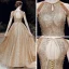 Sparkly Gold Evening Dresses  2020 A-Line / Princess Scoop Neck Sleeveless Beading Glitter Tulle Sash Floor-Length / Long Ruffle Backless Formal Dresses