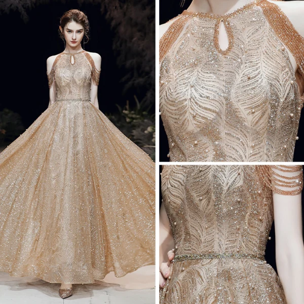 Sparkly Gold Evening Dresses  2020 A-Line / Princess Scoop Neck Sleeveless Beading Glitter Tulle Sash Floor-Length / Long Ruffle Backless Formal Dresses