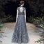 Scintillantes Bleu Marine Robe De Soirée 2020 Princesse Transparentes Col Haut Manches Courtes Glitter Tulle Perlage Longue Volants Dos Nu Robe De Ceremonie