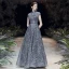 Scintillantes Bleu Marine Robe De Soirée 2020 Princesse Transparentes Col Haut Manches Courtes Glitter Tulle Perlage Longue Volants Dos Nu Robe De Ceremonie