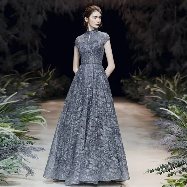 Sparkly Navy Blue Evening Dresses 2020 A Line Princess See through High Neck Short Sleeve Glitter Tulle Beading Floor Length Long Ruffle Backless Formal Dresses