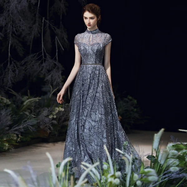 Scintillantes Bleu Marine Robe De Soirée 2020 Princesse Transparentes Col Haut Manches Courtes Glitter Tulle Perlage Longue Volants Dos Nu Robe De Ceremonie