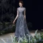 Scintillantes Bleu Marine Robe De Soirée 2020 Princesse Transparentes Col Haut Manches Courtes Glitter Tulle Perlage Longue Volants Dos Nu Robe De Ceremonie