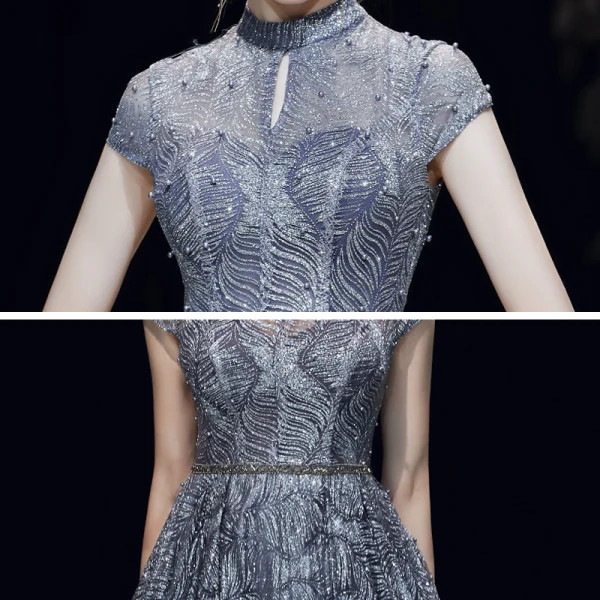 Scintillantes Bleu Marine Robe De Soirée 2020 Princesse Transparentes Col Haut Manches Courtes Glitter Tulle Perlage Longue Volants Dos Nu Robe De Ceremonie