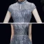Scintillantes Bleu Marine Robe De Soirée 2020 Princesse Transparentes Col Haut Manches Courtes Glitter Tulle Perlage Longue Volants Dos Nu Robe De Ceremonie