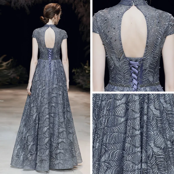 Scintillantes Bleu Marine Robe De Soirée 2020 Princesse Transparentes Col Haut Manches Courtes Glitter Tulle Perlage Longue Volants Dos Nu Robe De Ceremonie