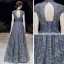 Scintillantes Bleu Marine Robe De Soirée 2020 Princesse Transparentes Col Haut Manches Courtes Glitter Tulle Perlage Longue Volants Dos Nu Robe De Ceremonie
