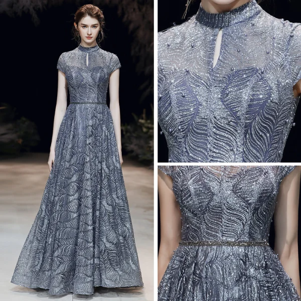 Scintillantes Bleu Marine Robe De Soirée 2020 Princesse Transparentes Col Haut Manches Courtes Glitter Tulle Perlage Longue Volants Dos Nu Robe De Ceremonie