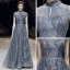 Scintillantes Bleu Marine Robe De Soirée 2020 Princesse Transparentes Col Haut Manches Courtes Glitter Tulle Perlage Longue Volants Dos Nu Robe De Ceremonie