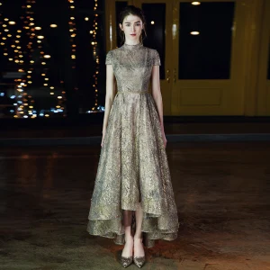 High Low Grey Gold Dancing Prom Dresses 2020 A Line Princess High Neck Short Sleeve Appliques Lace Beading Glitter Tulle Sash Asymmetrical Ruffle Backless Formal Dresses