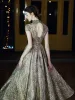High Low Grey Gold Dancing Prom Dresses 2020 A-Line / Princess High Neck Short Sleeve Appliques Lace Beading Glitter Tulle Sash Asymmetrical Ruffle Backless Formal Dresses