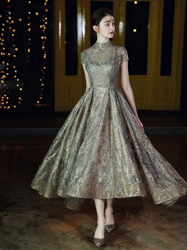 Haute Basse Gris Doré Dansant Robe De Bal 2020 Princesse Col Haut Manches Courtes Appliques En Dentelle Perlage Glitter Tulle Ceinture Asymétrique Volants Dos Nu Robe De Ceremonie